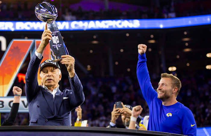 Feb 13, 2022; Inglewood, CA, USA; Los Angeles Rams owner Stan Kroenke (left) celebrates with the Lombardi Trophy alongside head coach Sean McVay after defeating the Cincinnati Bengals during Super Bowl LVI at SoFi Stadium. Mandatory Credit: Mark J. Rebilas-USA TODAY Sports